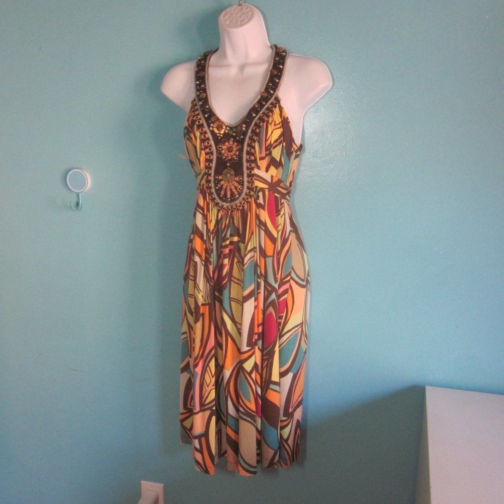 Ranna Gill Embellished Midi  Halter Style Colorful Tribal Print Dress Size S